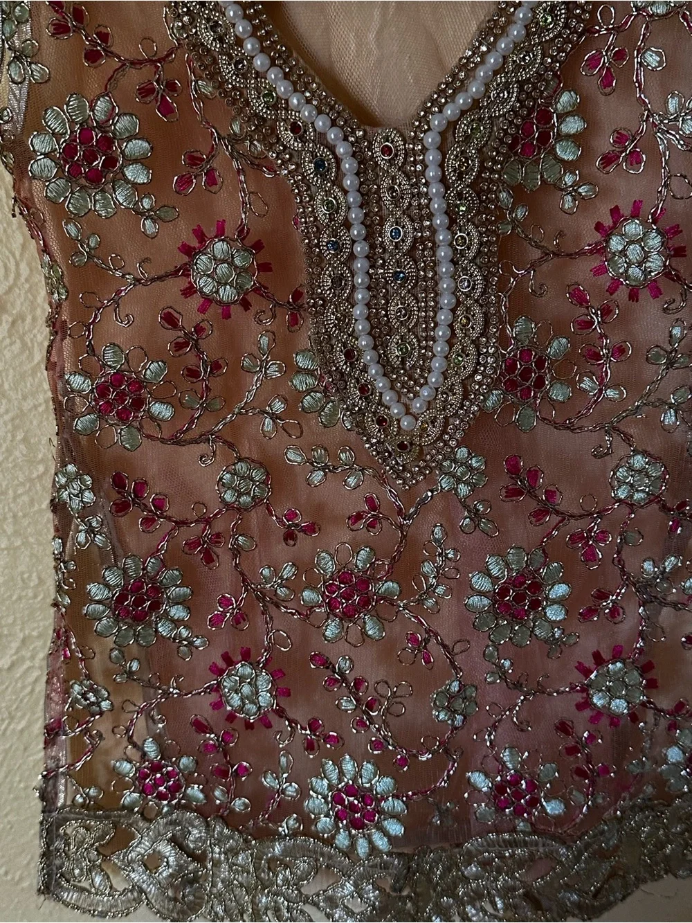 Girls Pink Embroidered Beaded Sleeveless Tunic Top